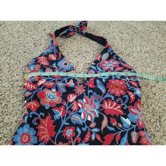 Loft Beach sz 2 Tie Neck Halter Lightly Padded Blue Red Floral 1 Piece‎ Swimsuit - Picture 5 of 12